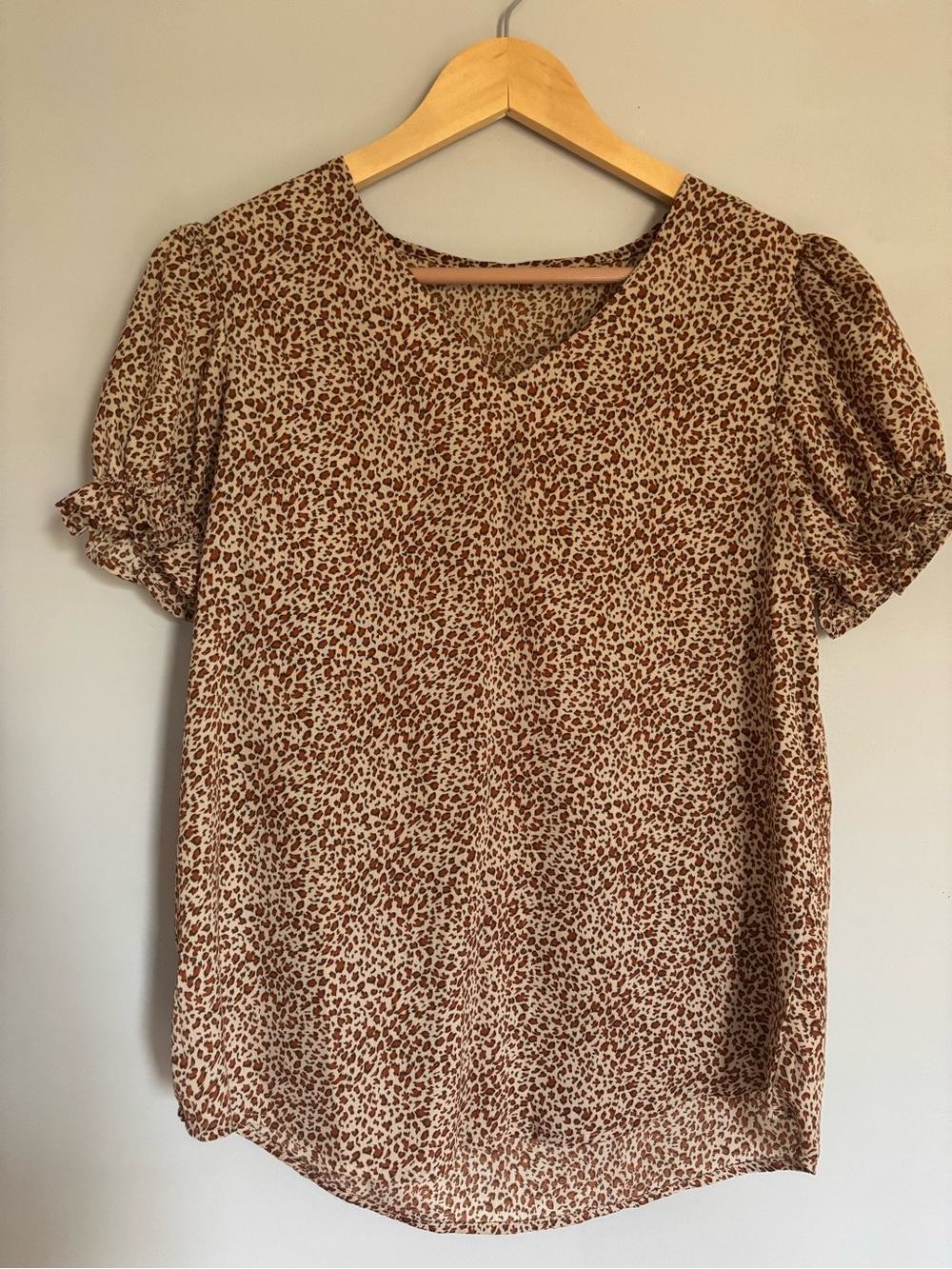 Red, Brown and Tan Animal Print V neck Puff Short Sleeve Blouse